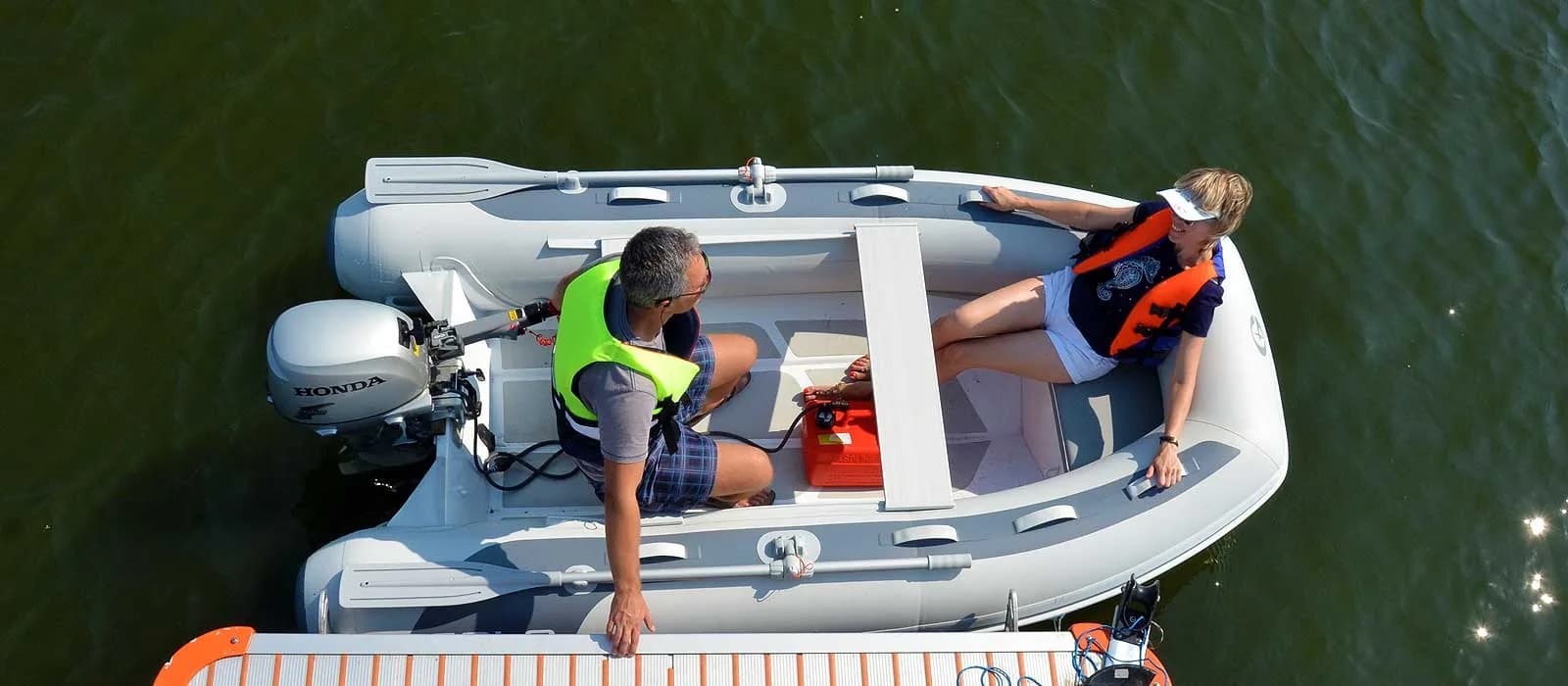 Passengers boarding a Gala Atlantis Double Deck tender from above